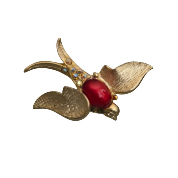 1960s Jelly Belly Bird Brooch Gold-Tone Red Cabochon Missing Rhinestone & Eye - Picture 2 of 6